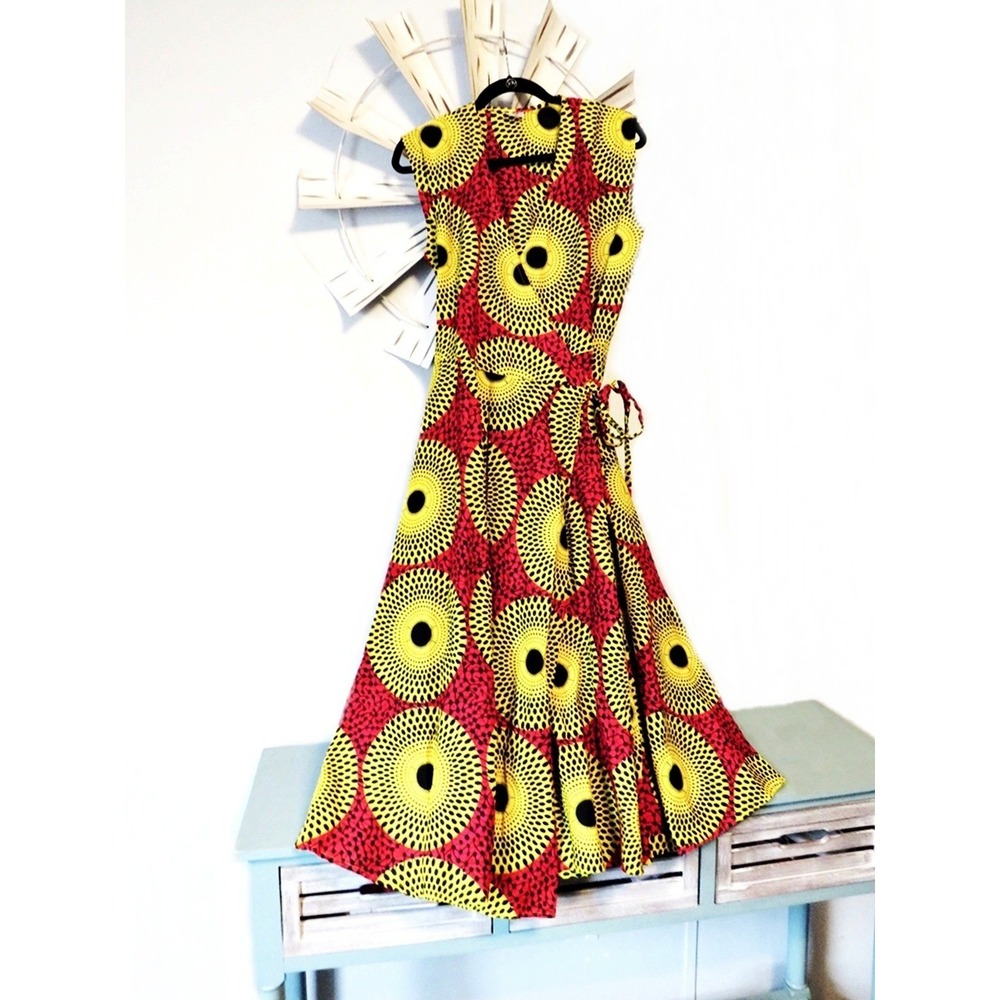 NF Free Size Maxi Wrap Dress African Print Vibrant Colors Red Yellow OS